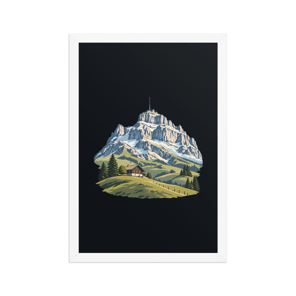 Säntis Appenzeller Hügel Poster mit Rahmen – Weiss