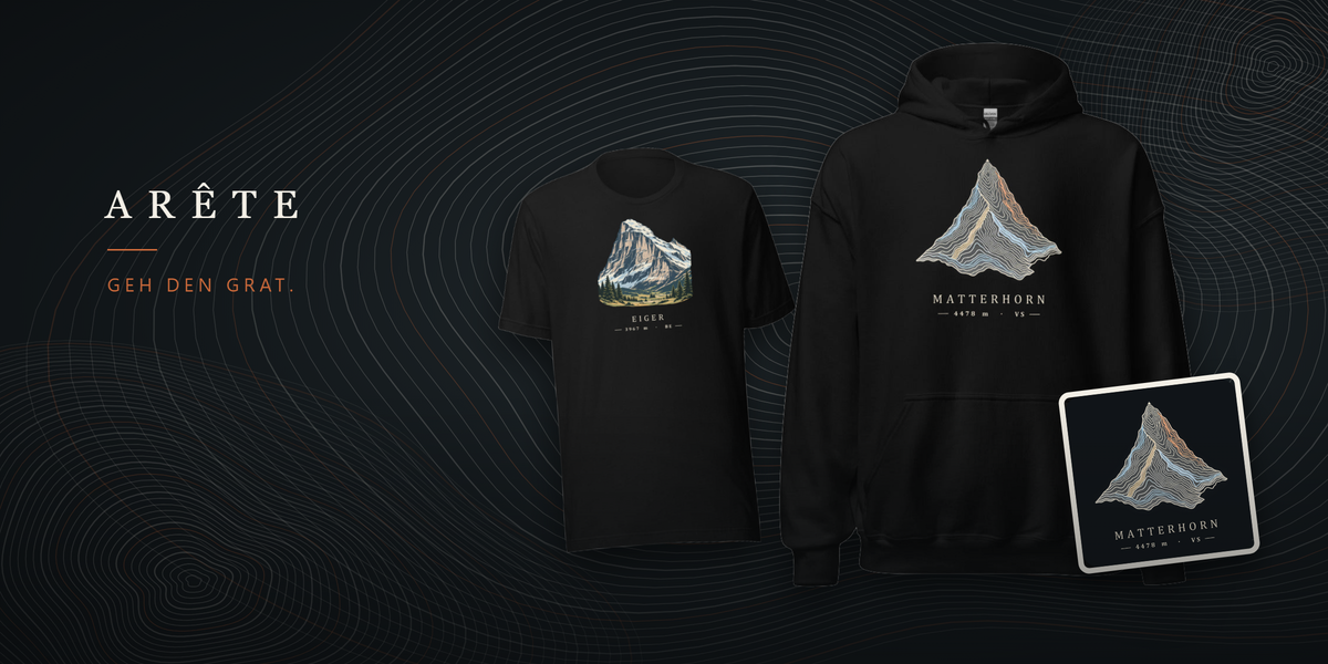 Arête Merch Startseite: Topo-Höhenlinien mit Hoodie, T-Shirt und Sticker