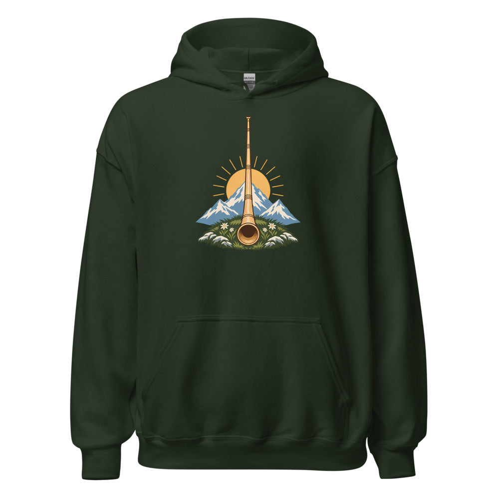 Alphorn bei Sonnenaufgang Hoodie – Waldgrün
