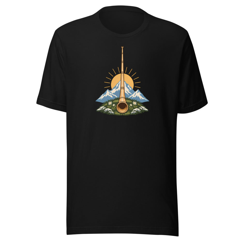Alphorn bei Sonnenaufgang T-Shirt – Schwarz