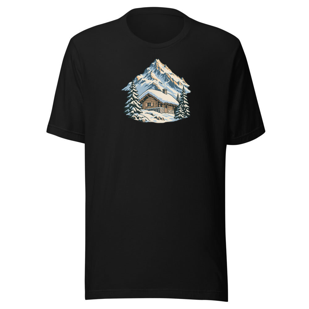 Holzhütte im Schnee T-Shirt – Schwarz